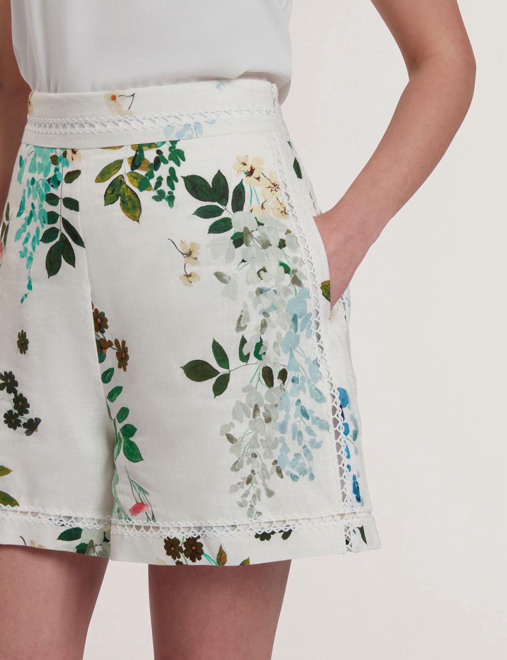 White Women Ted Baker VYLLA - Floral High Waist Linen With Trim Detail Shorts | NZ  BEZF-89651
