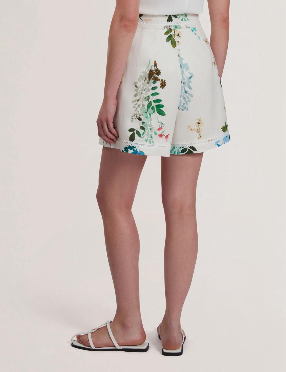 White Women Ted Baker VYLLA - Floral High Waist Linen With Trim Detail Shorts | NZ  BEZF-89651