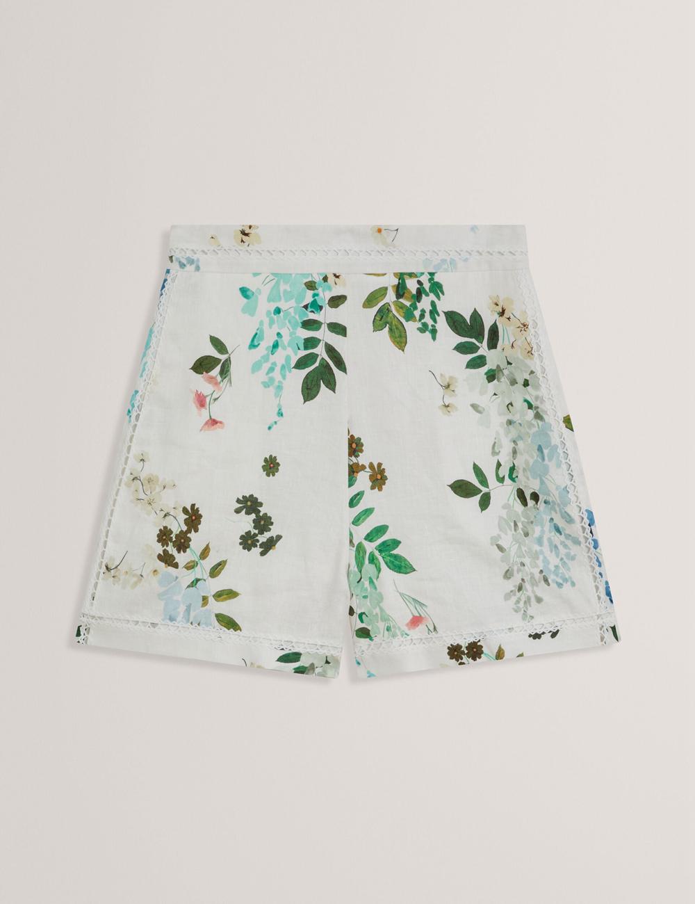 White Women Ted Baker VYLLA - Floral High Waist Linen With Trim Detail Shorts | NZ  BEZF-89651